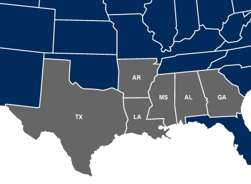 Texas, Louisiana, Arkansas, Mississippi, Alabama, Georgia Map